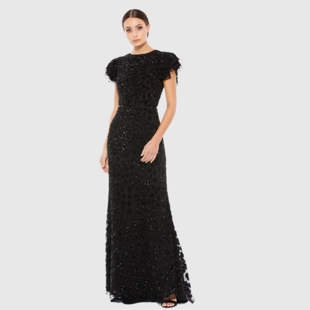 NWT Mac Duggal Black Sequin Short Ruffle Sleeve Dress - size 4